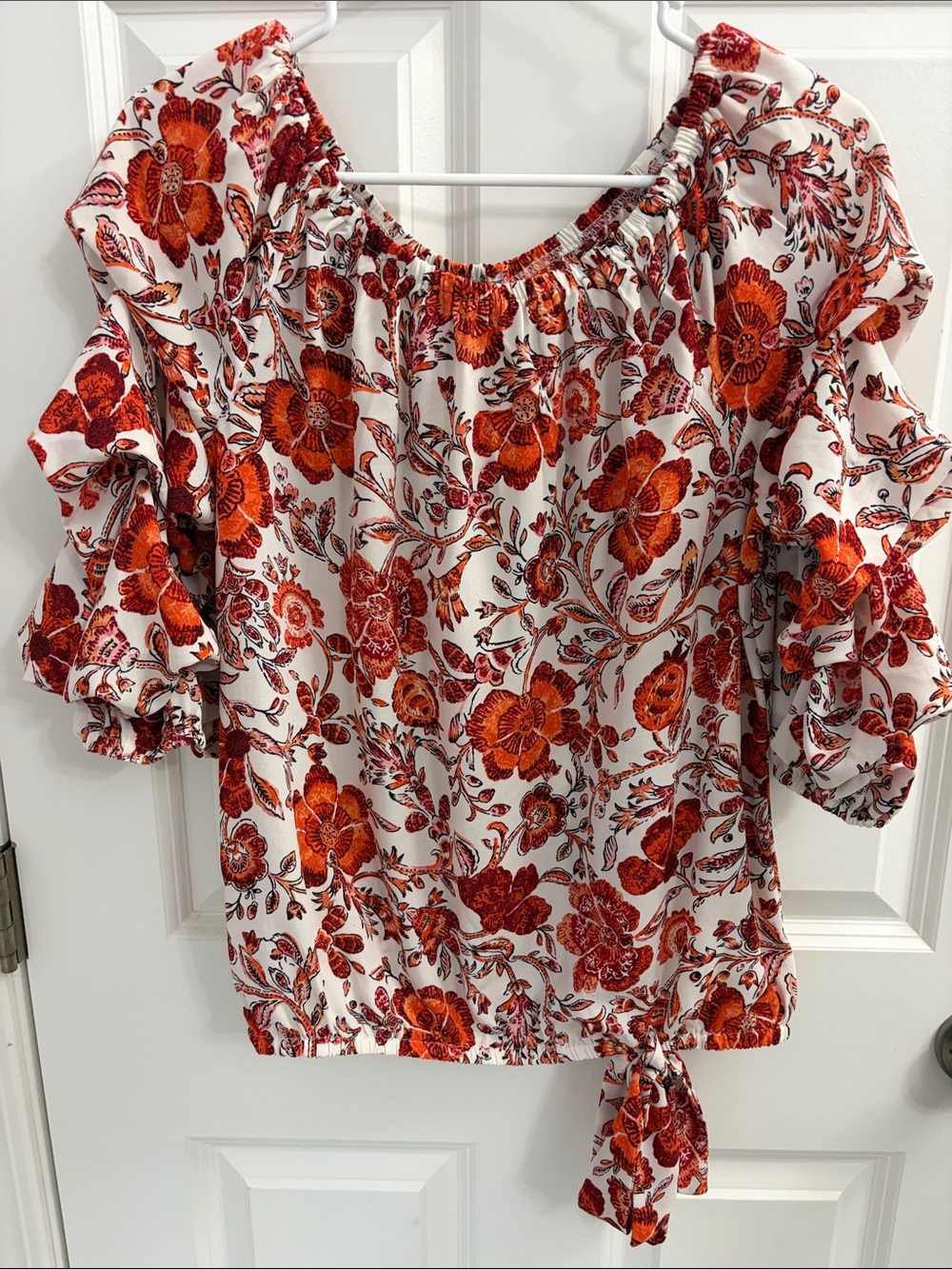 CeCe White Off-Shoulder Floral Tie-Hem Blouse with Red-Orange Flowers